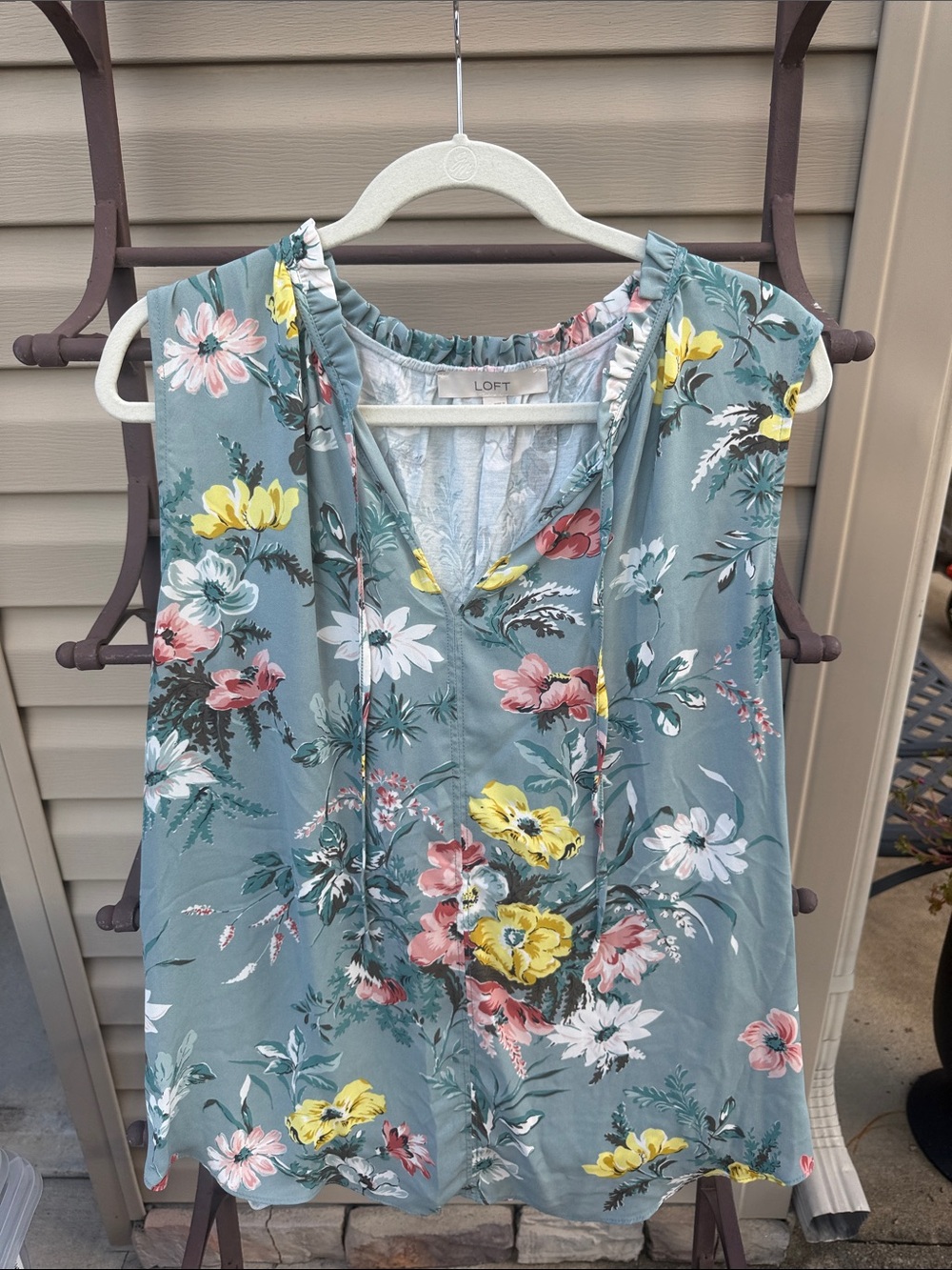 LOFT Floral V-Neck Sleeveless Camisole in Sage Blue with Yellow & Pink Flowers